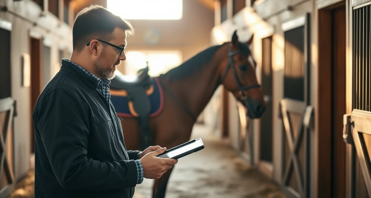 Barn owner tracking trail riding horse progress and client updates using specialized stable management software on tablet