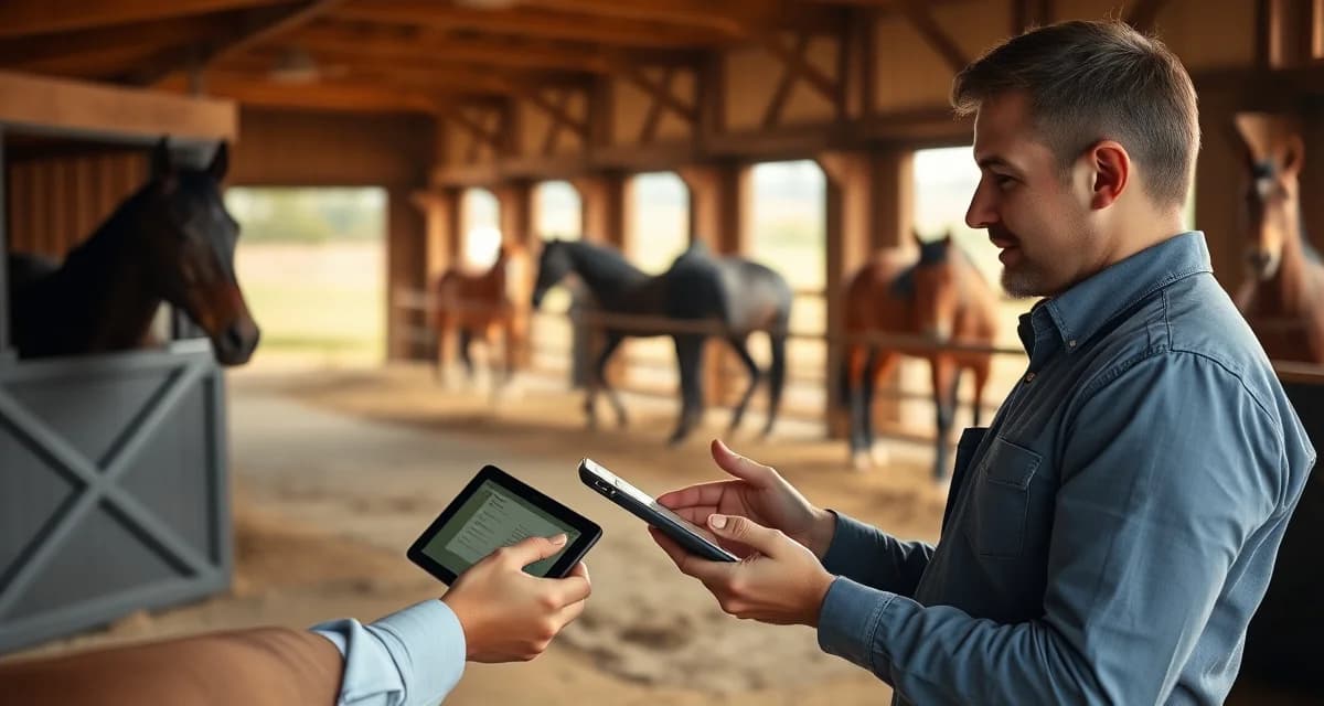 Trail riding barn owner using mobile communication platform to send updates to horse owners with messaging interface visible on screen