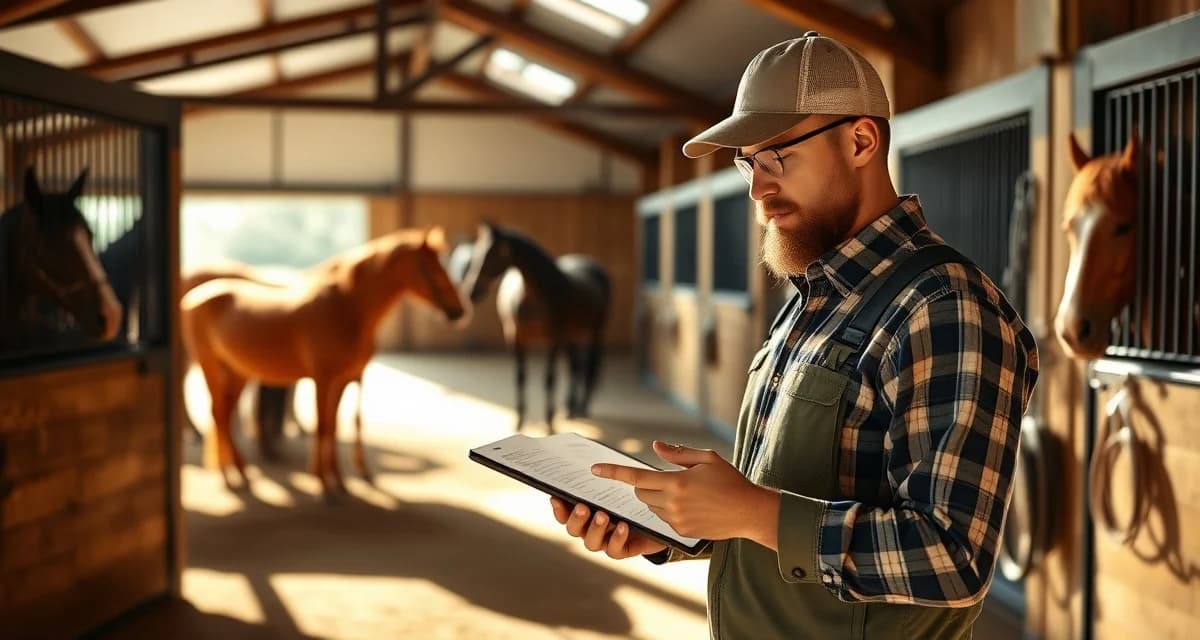 Barn owner reviewing daily trail riding reports and horse-owner communication updates on digital platform in stable facility