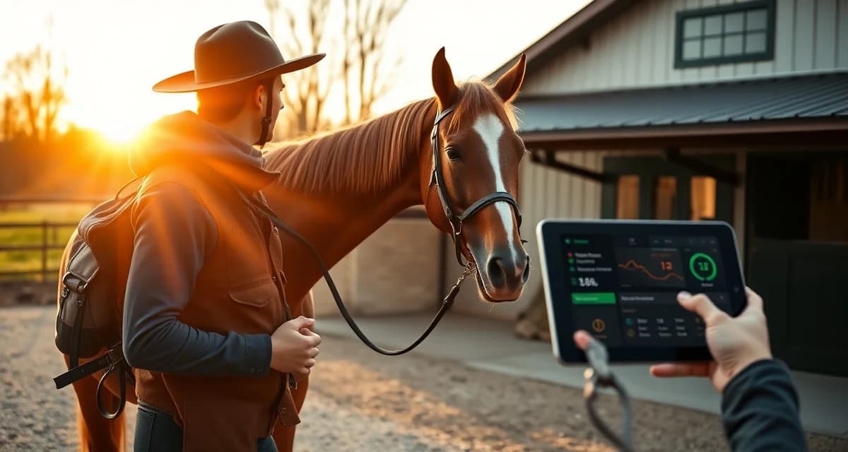 Trail riding barn owner reviewing horse health updates and post-ride metrics on digital communication app after conditioning ride