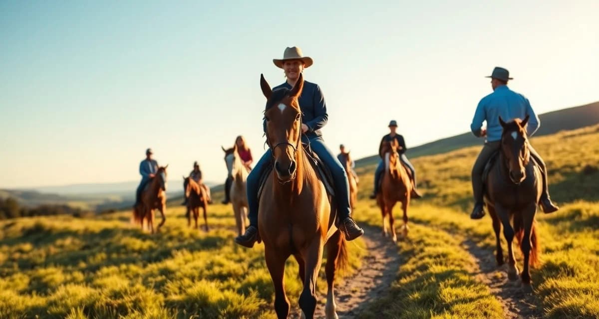 Trail riding barn staff managing multiple horse groups on outdoor riding path with scenic landscape in background