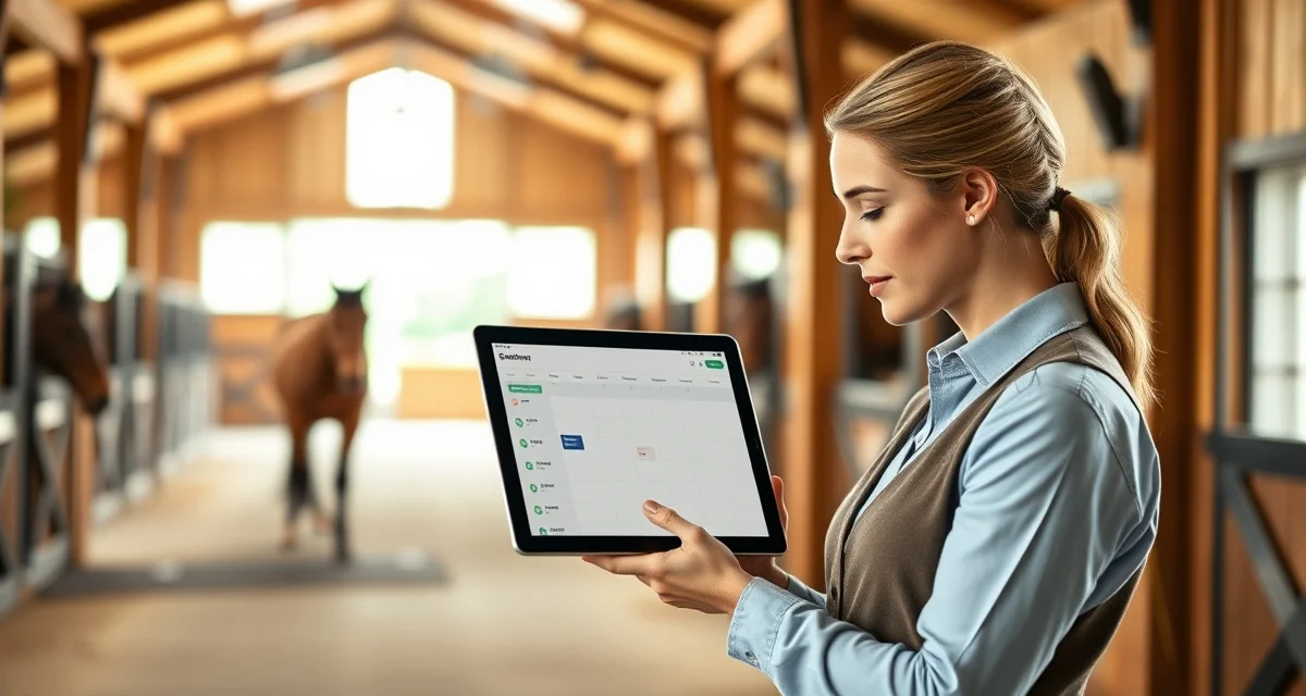 Digital trainer scheduling interface for equine facilities displaying instructor availability, horse workload, and arena access coordination.