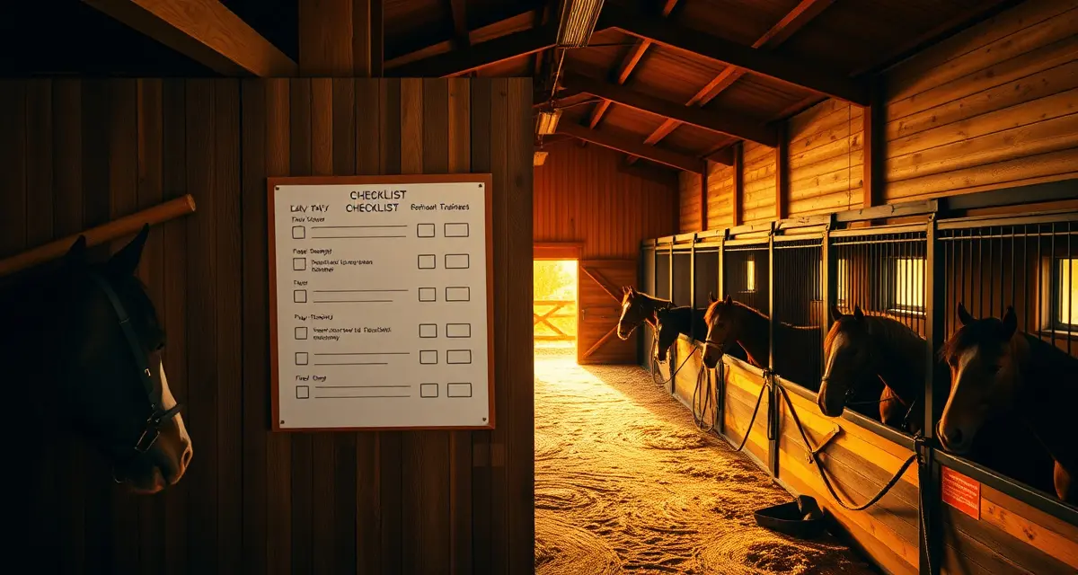 Training barn daily checklist board displaying organized maintenance and operations tasks for horse barn management.