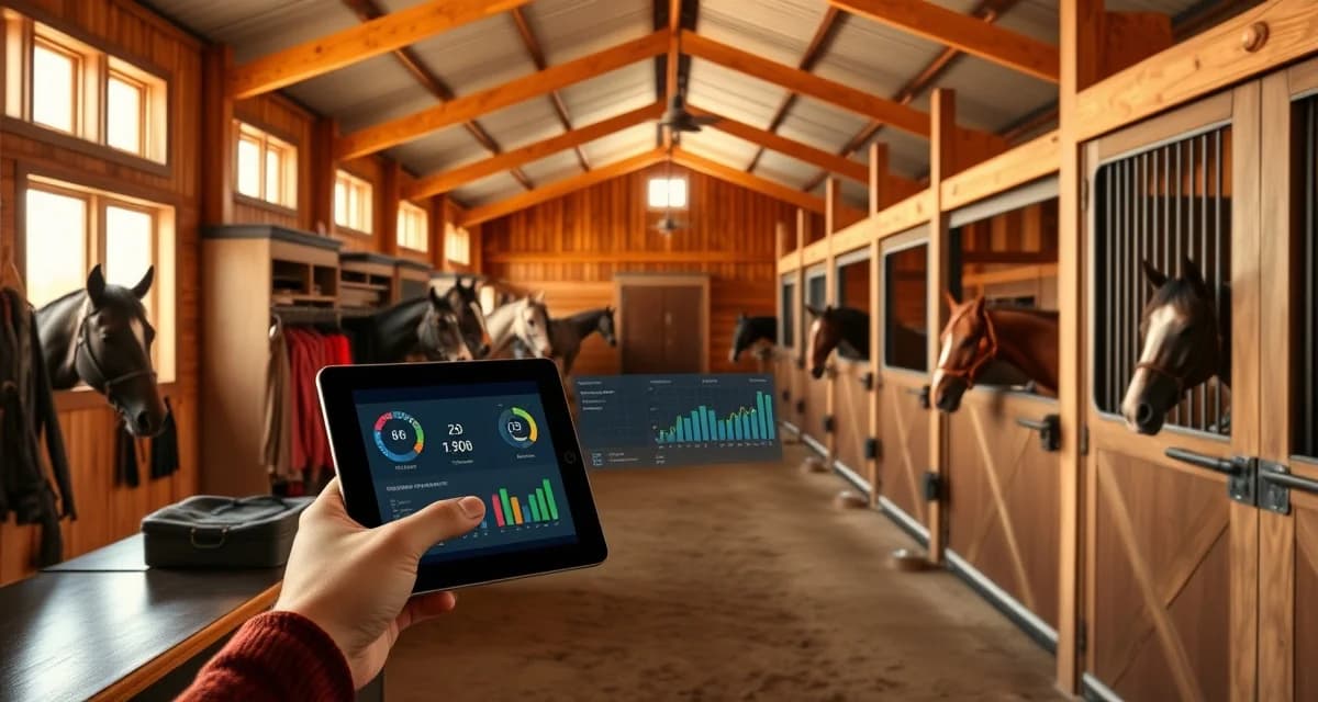 Training barn manager using BarnBeacon software on tablet to manage horse health records and training schedules