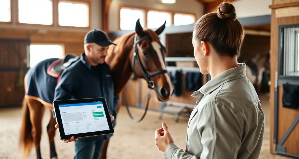 Training barn manager using equine management software to organize schedules, billing, and horse care tasks on digital dashboard