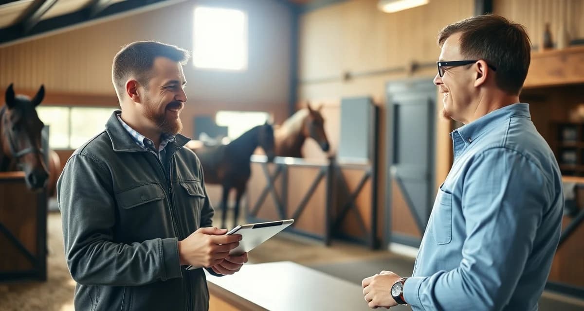 Trainer communicating with horse owner about training progress using digital communication system at boarding barn