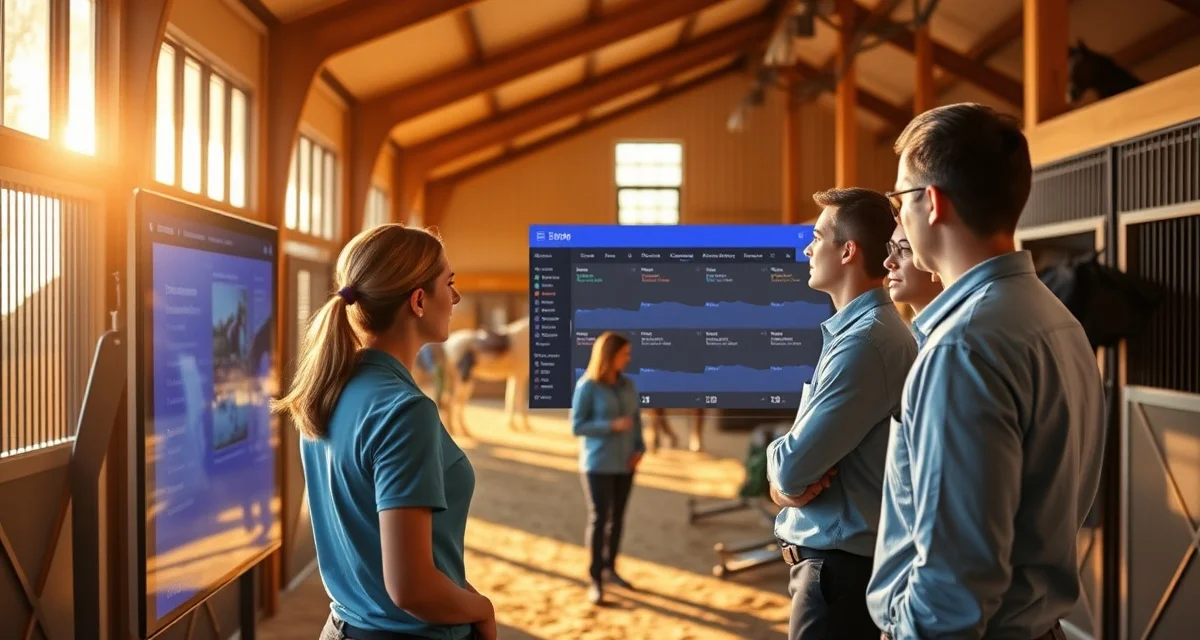 Training barn staff coordinating shift schedules and handover documentation for morning workout sessions with horses.