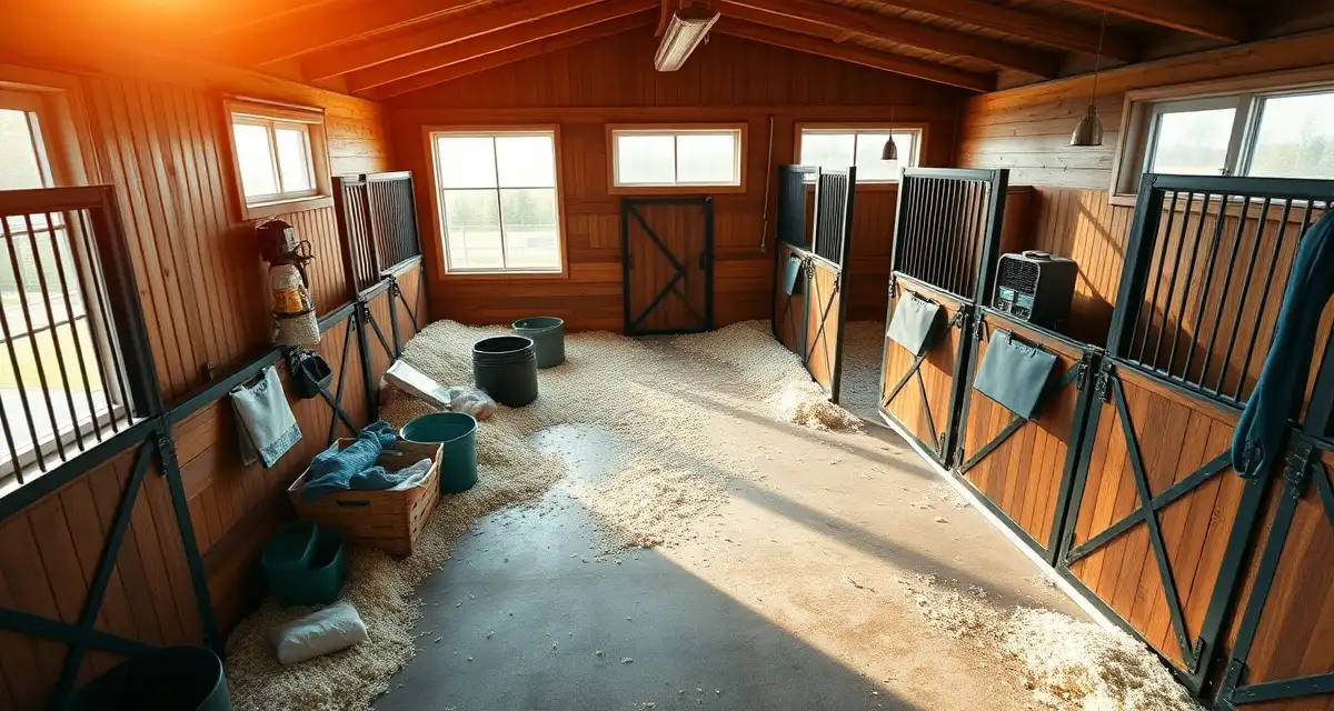 Clean horse stall with fresh bedding in a modern training barn facility, demonstrating proper stall hygiene standards
