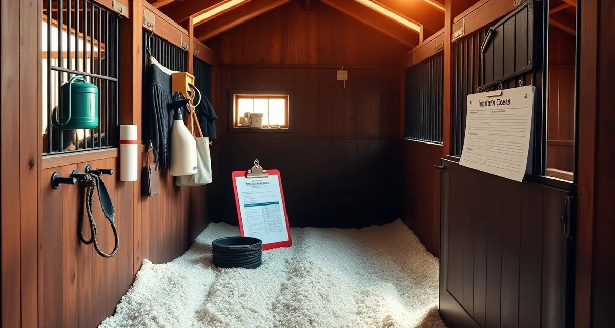 Clean training barn stall with fresh bedding and inspection checklist on door, showing proper stall management for high-use training facilities.