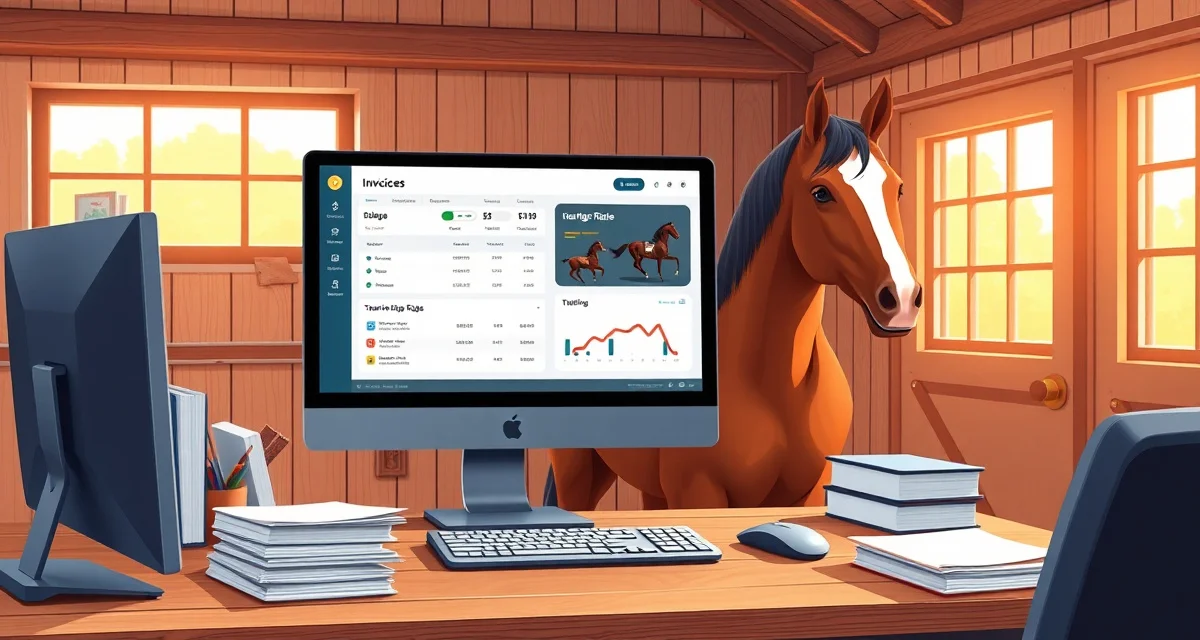 Horse barn billing dashboard showing training board package charges, stall fees, and training ride tracking for equine facility management.