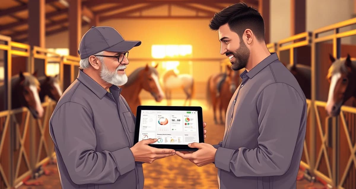 Horse barn owner and trainer communicating through barn management software on tablet with horses in background