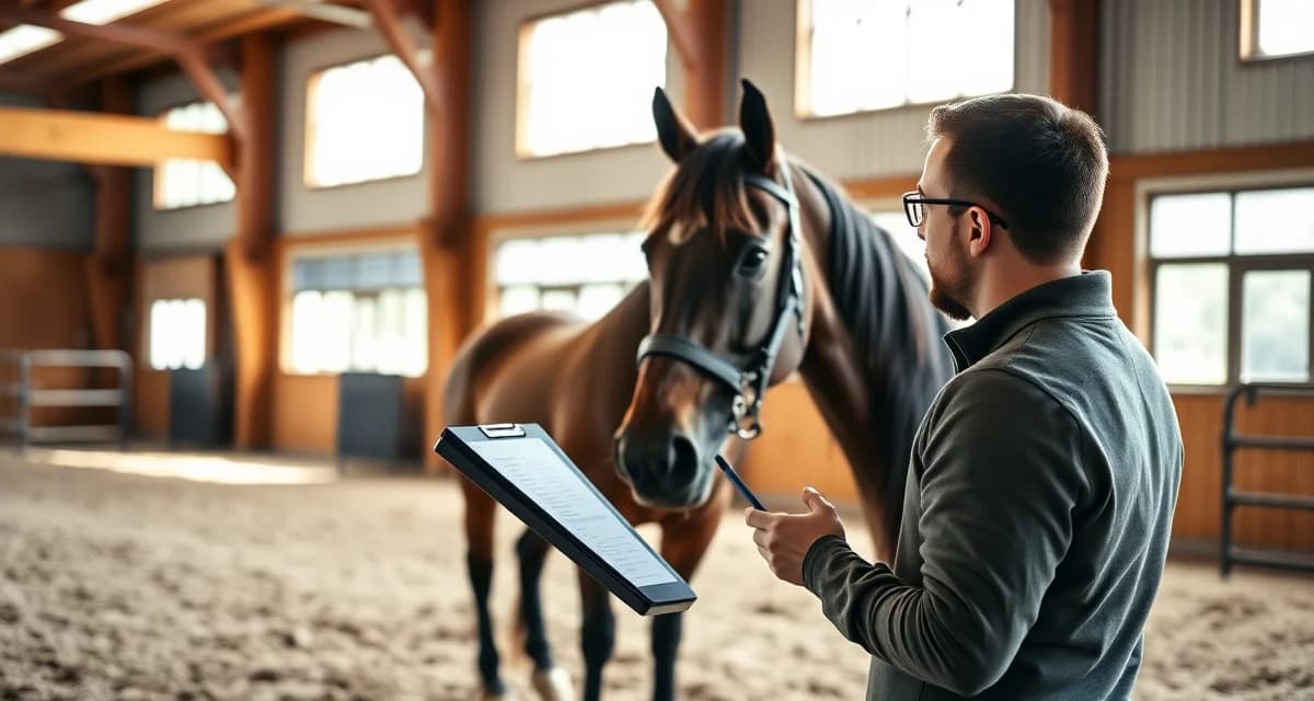 Professional horse trainer documenting training session data for active training horse management and athletic conditioning program