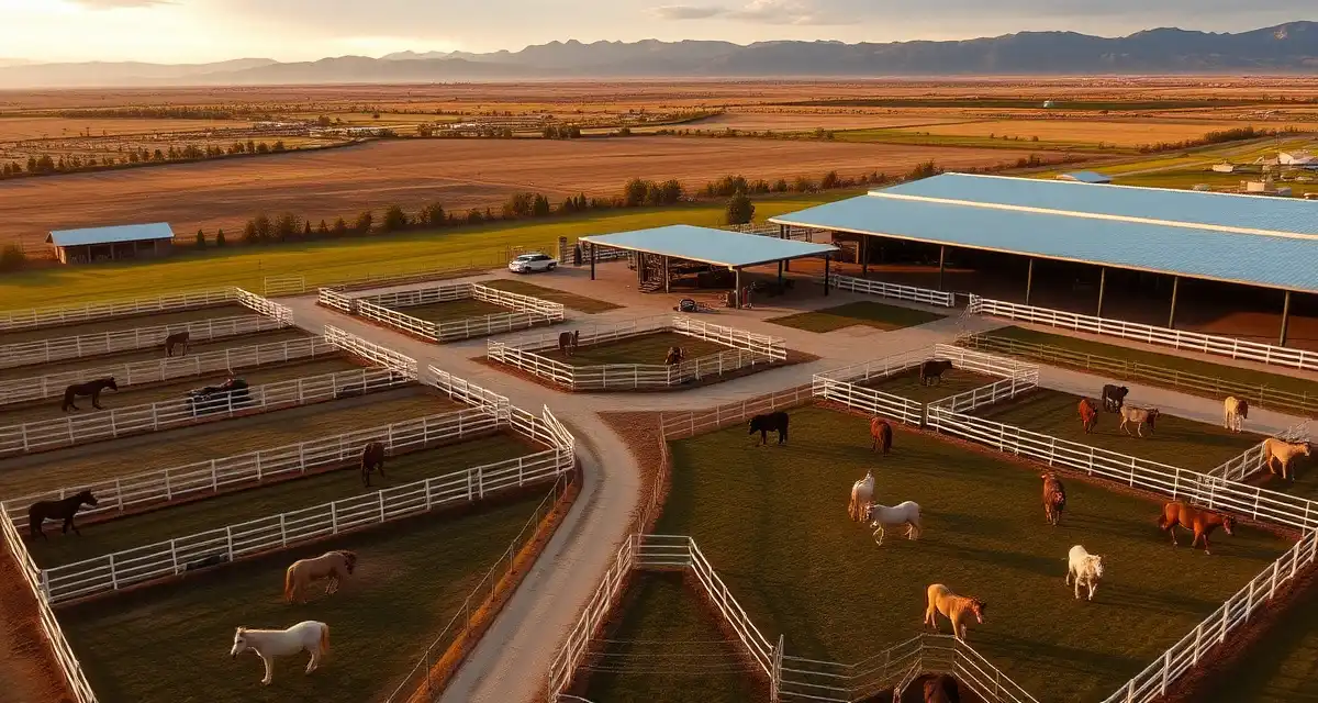 Modern Utah horse barn facility with organized paddocks and pastures, representing professional barn management software solutions for equine operations