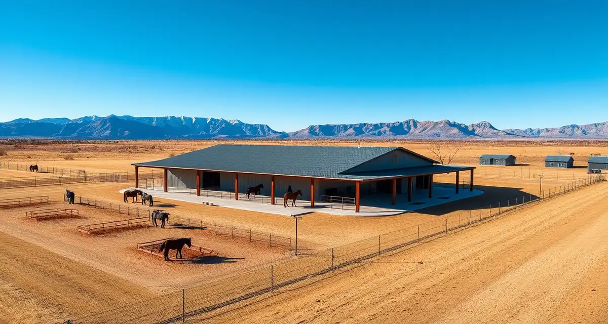 Modern horse barn facility in Utah high desert with pastures, stables, and mountain backdrop showing equine facility management