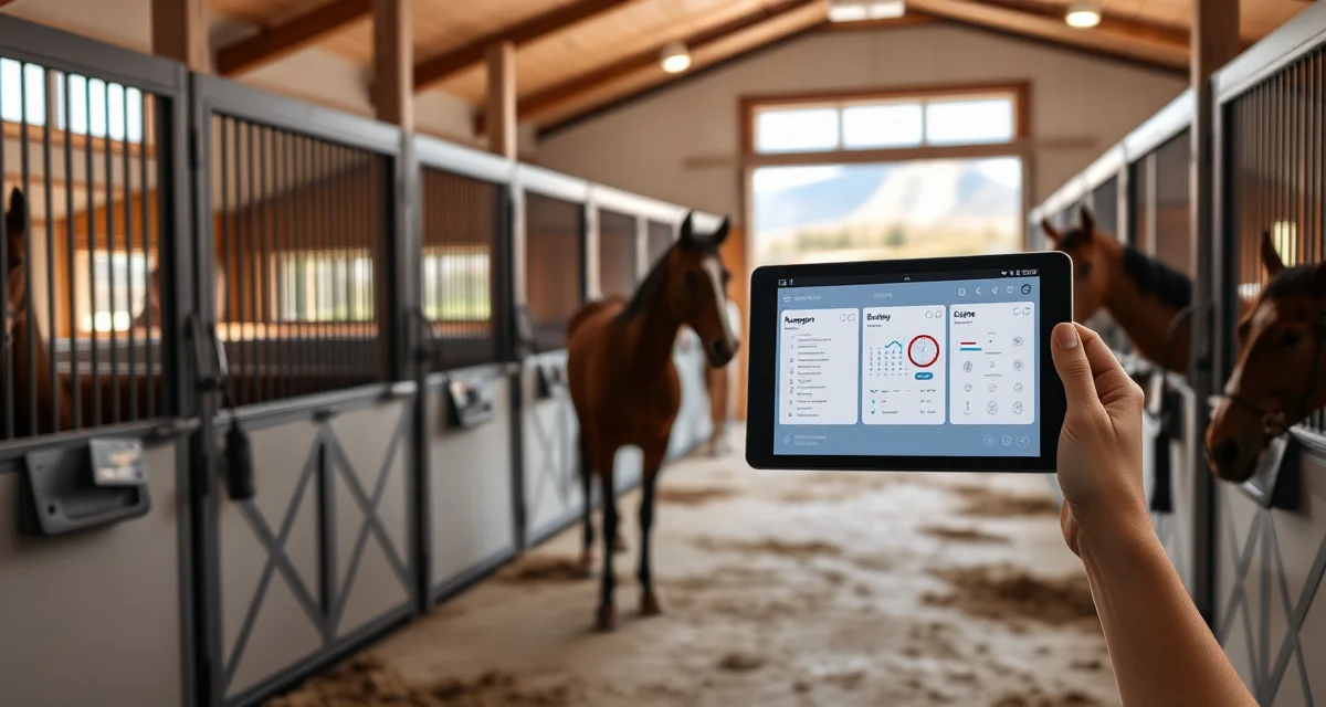 Modern barn management software interface displayed on tablet in a well-organized Utah equestrian facility with horses in stalls.