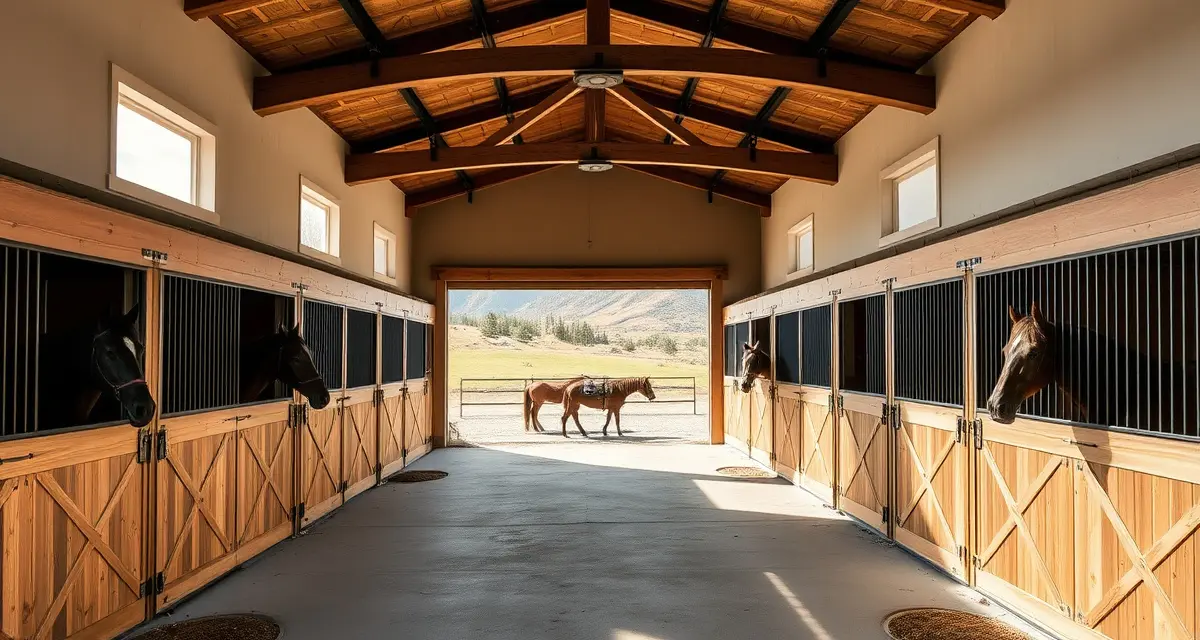 Modern horse boarding facility in Utah with well-maintained stalls, professional barn infrastructure, and mountain landscape backdrop for equestrian business operations.