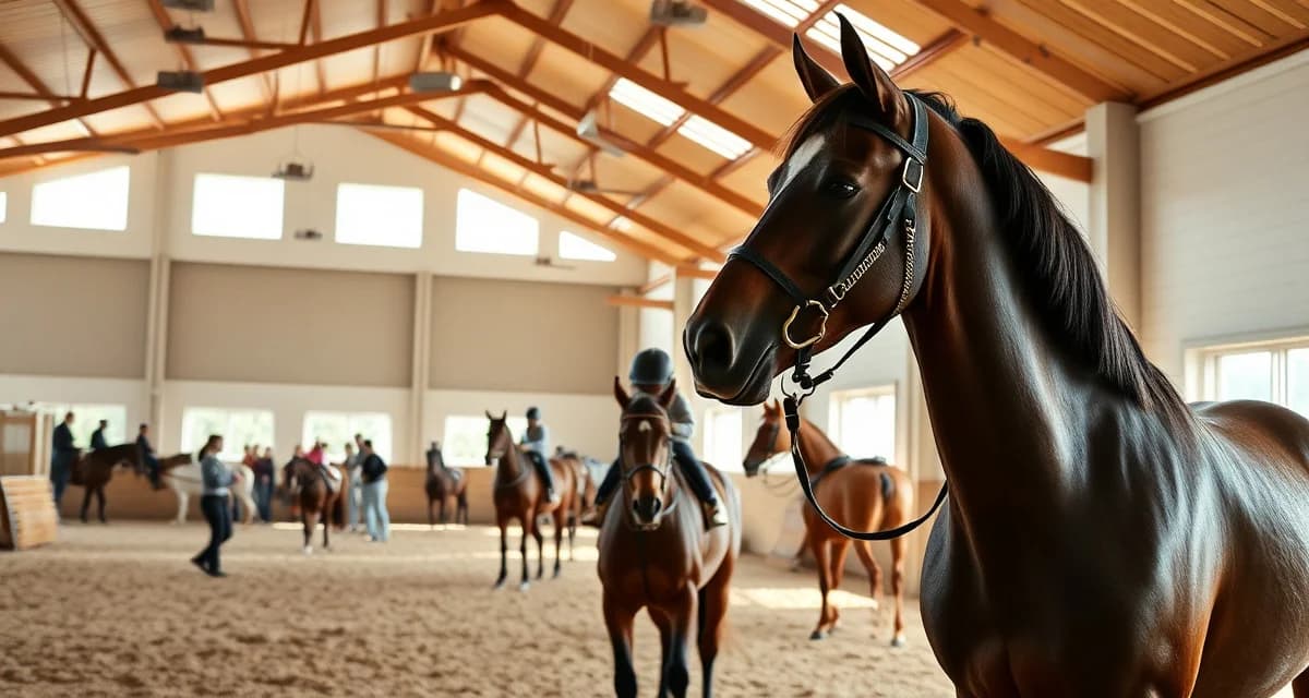 Vaulting barn operations showing horses and athletes training with proper safety equipment and organized facilities for equestrian vaulting programs