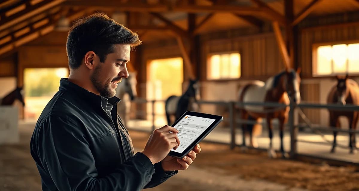 Vaulting barn manager organizing owner billing and communication updates using specialized equine management software