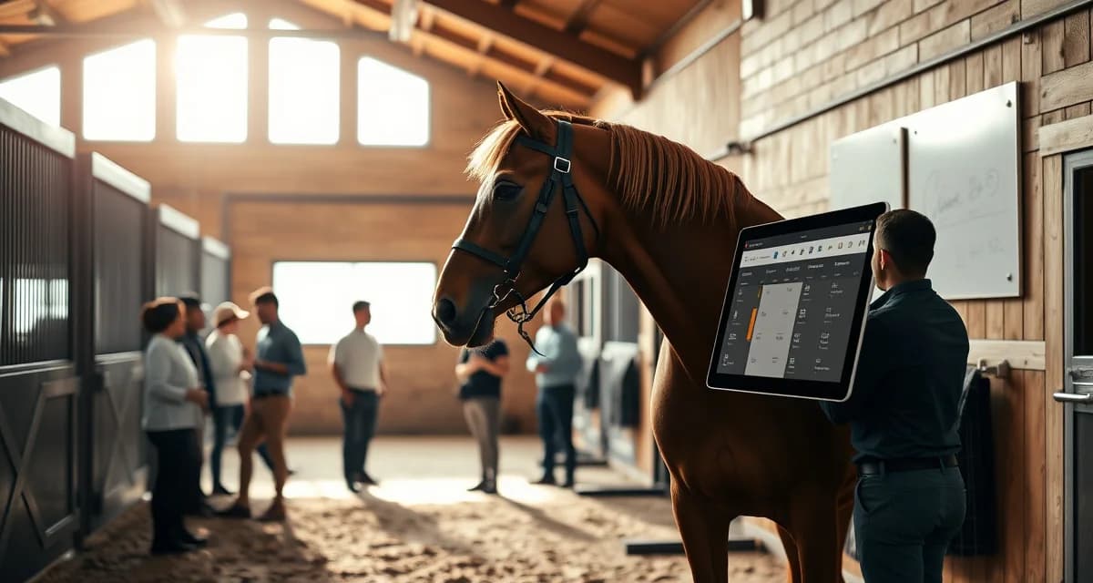 Vaulting barn owner health updates displayed on digital device with horse handlers managing team training schedules and performance horse communication.