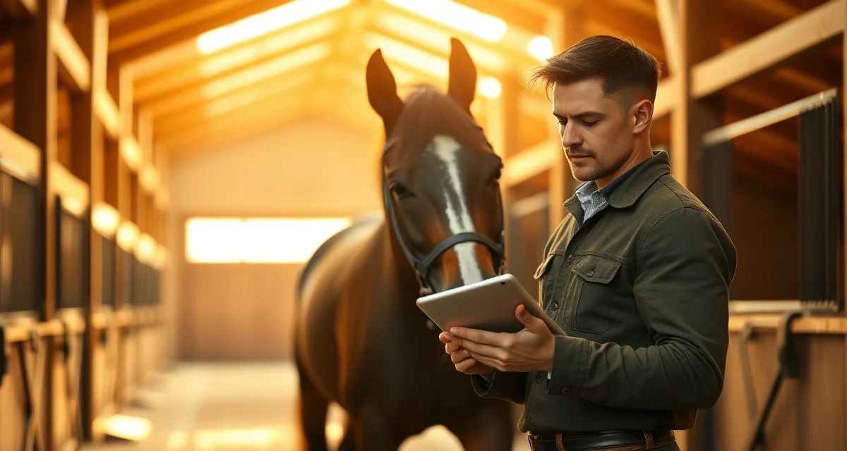 Equestrian trainer documenting vaulting client progress using barn management software on tablet with horse nearby