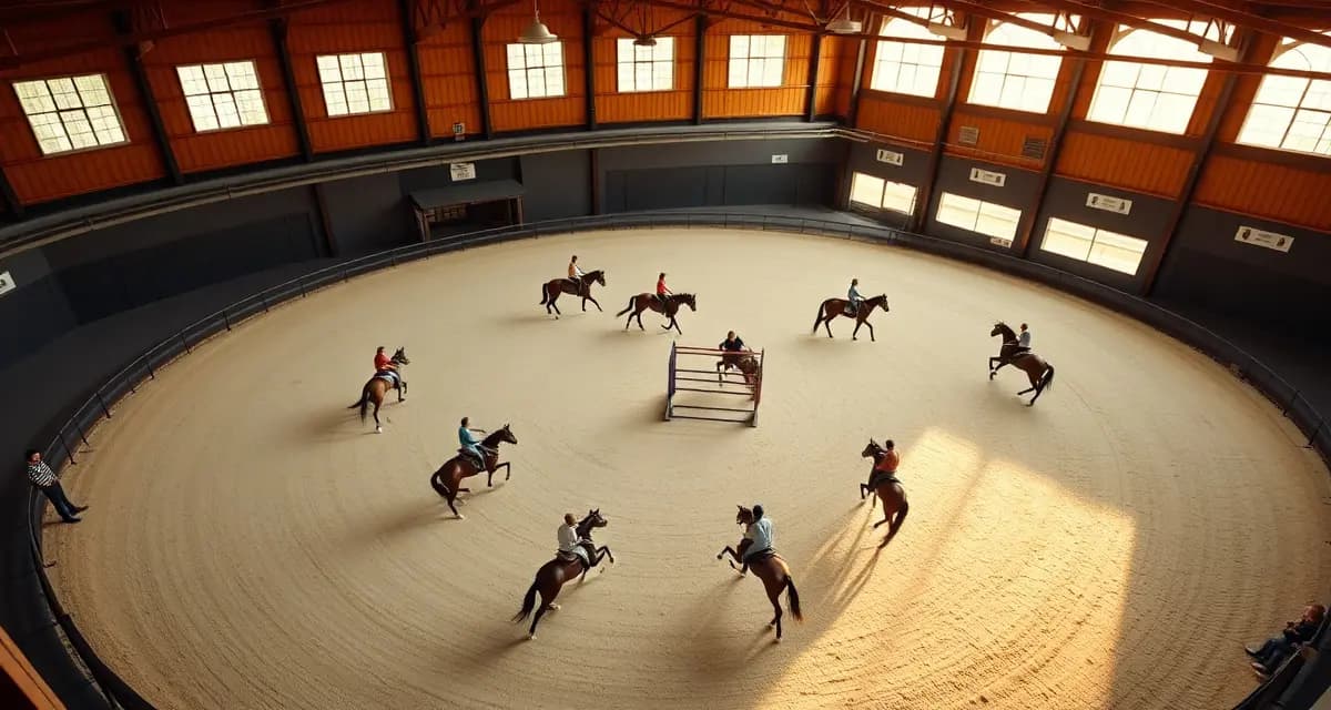 Vaulting barn scheduling coordination showing synchronized horse rotations and team practice sessions in equine facility management