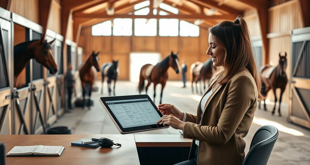Horse barn manager using BarnBeacon staff management software on tablet with vaulting facility and horses visible in background.