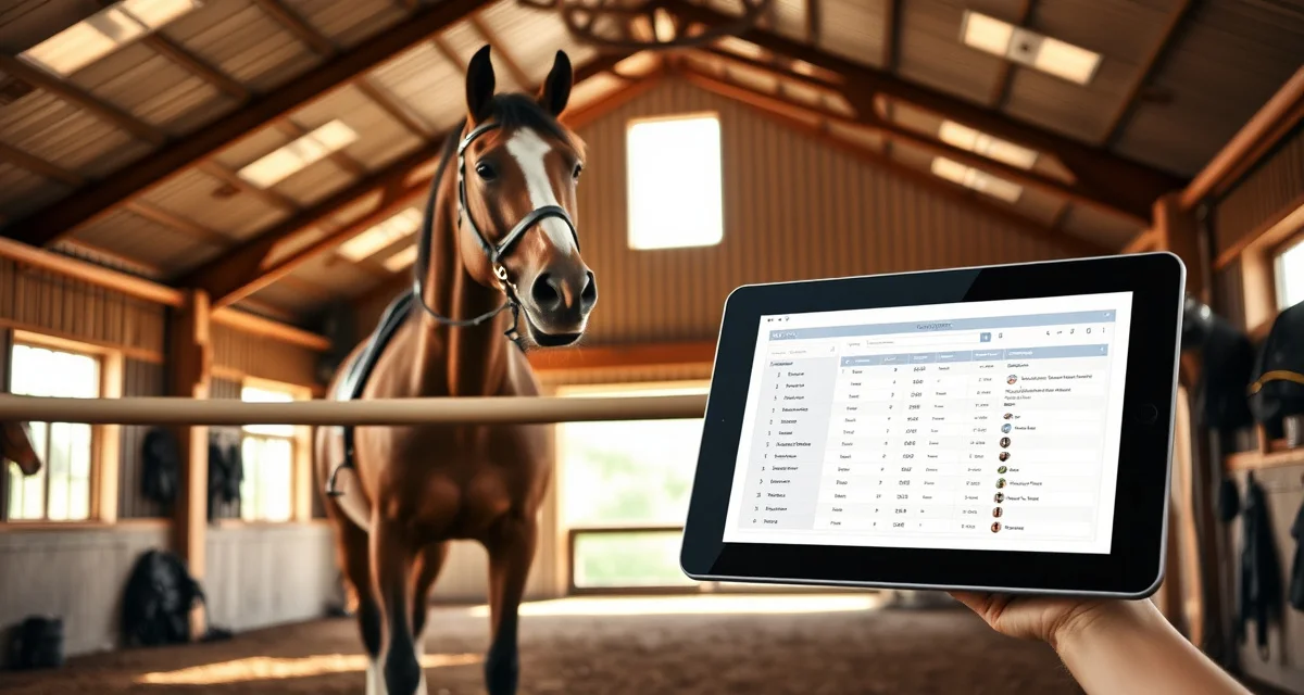 Vaulting barn manager reviewing digital vet records on tablet with horse and barn background, representing specialized equestrian facility management software
