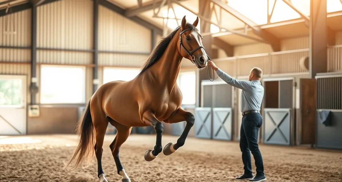 Vaulting horse performing gymnastics with handlers monitoring health and physical condition in professional arena
