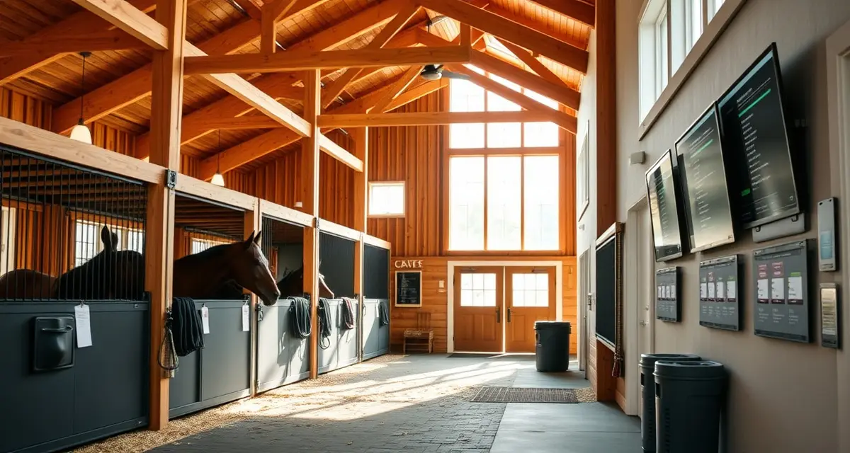Modern Vermont horse barn interior showing organized stalls and digital management systems for equestrian facility operations.