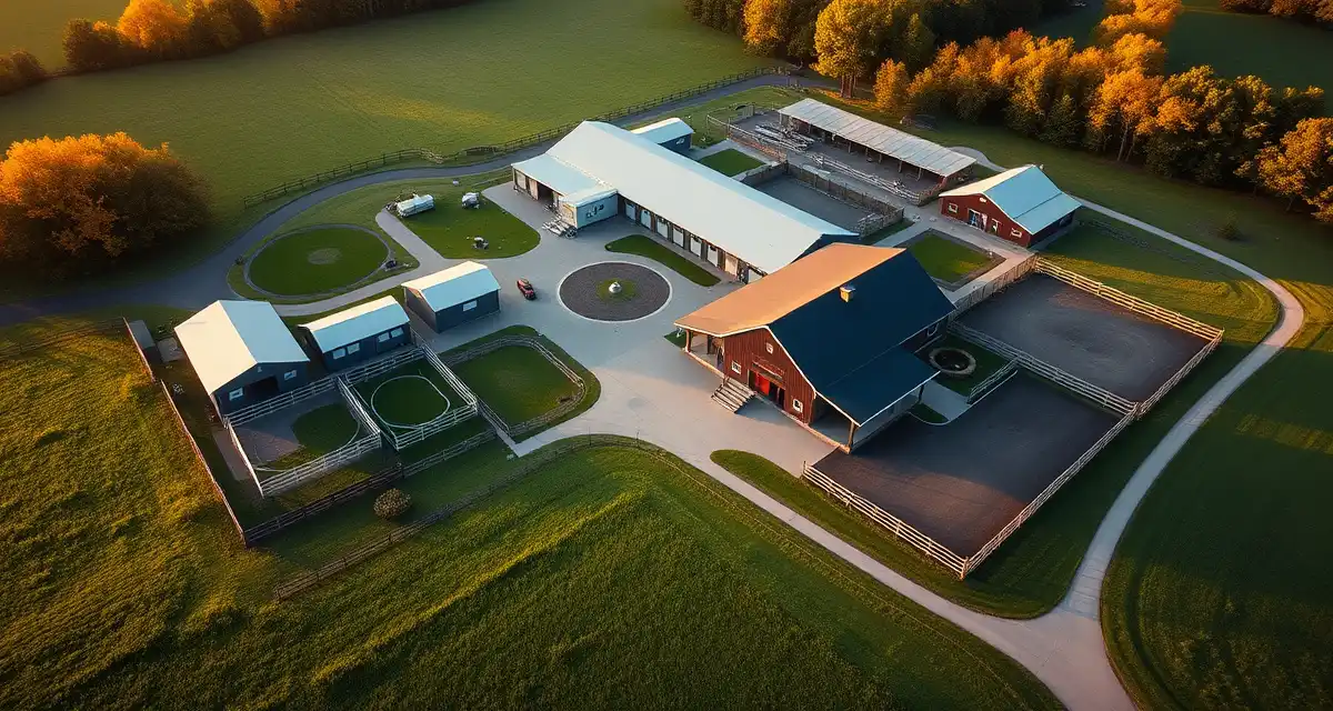 Modern Vermont equestrian facility with organized barns, paddocks, and pastures demonstrating professional horse barn management