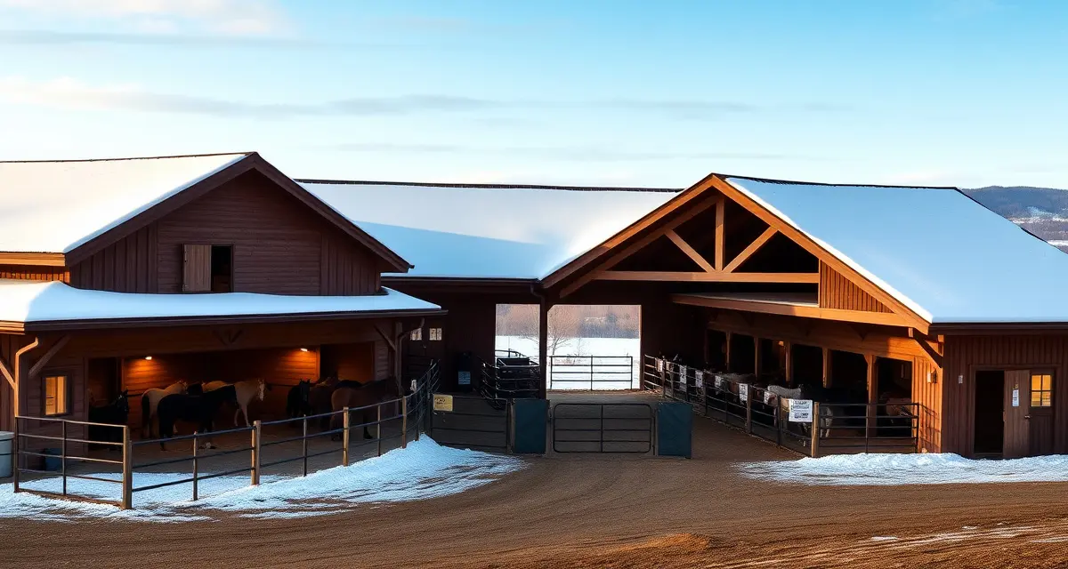 Modern horse barn facility in Vermont with organized stalls, clear signage, and winter-ready infrastructure for year-round equine management.