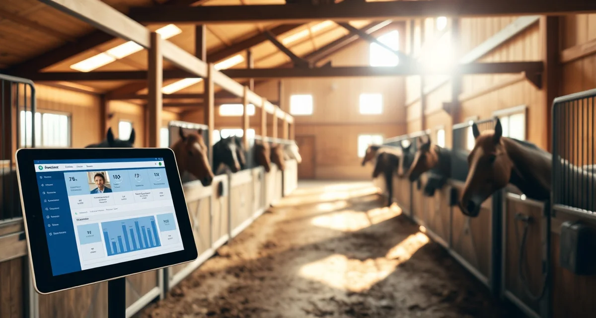 Modern horse barn management software dashboard displayed on tablet in Vermont equine facility with organized stalls and healthy horses