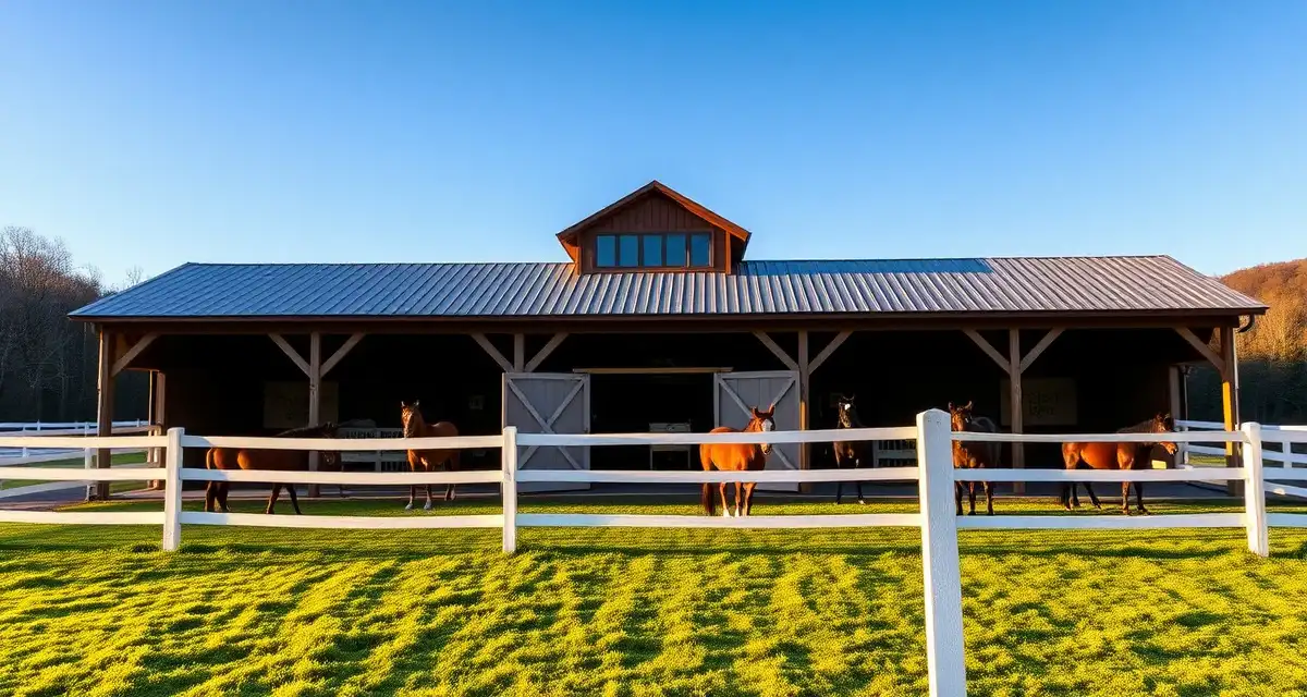 Modern horse boarding barn in Vermont with white fencing, grazing horses, and pastoral landscape ideal for equestrian business operations.
