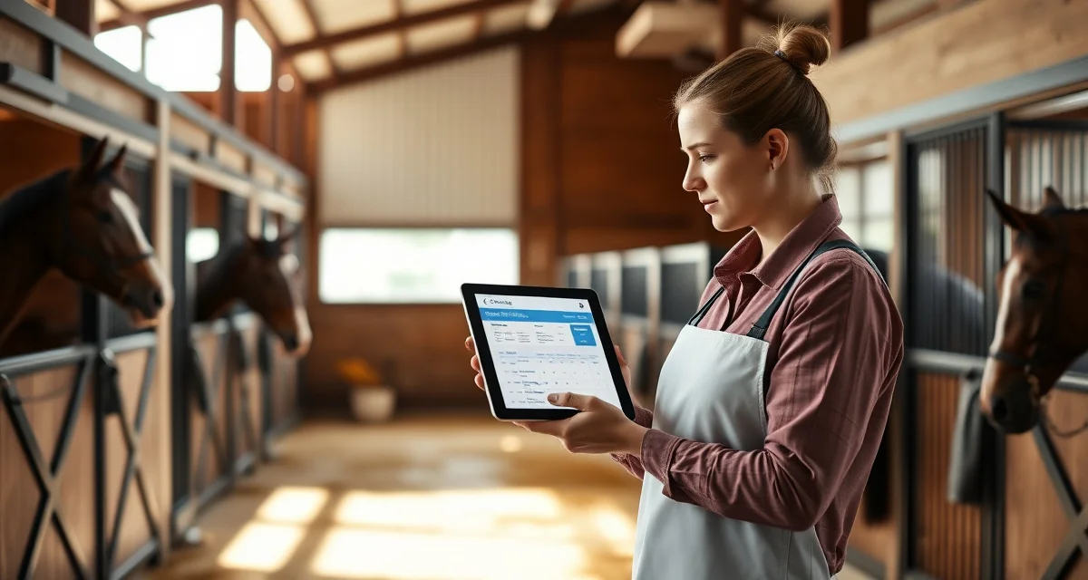 Barn manager using vet scheduling software on tablet to coordinate veterinary appointments and track horse health records efficiently.