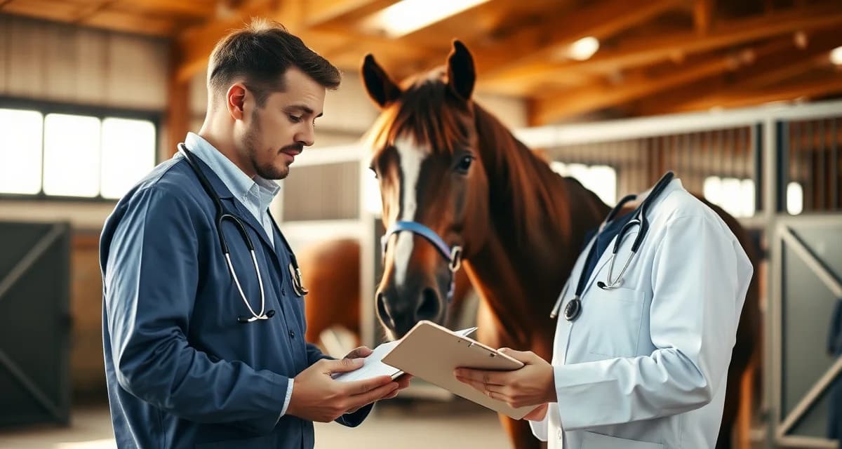 Veterinarian documenting comprehensive vet visit reports for horse boarding barn management with digital records system