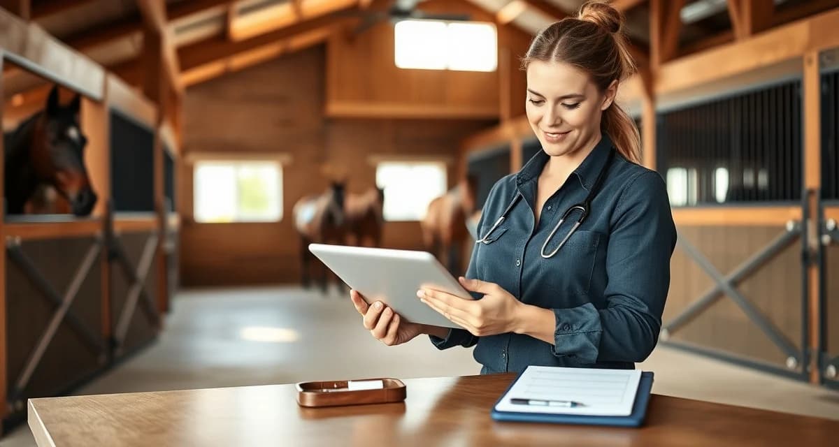 Barn manager organizing veterinary scheduling for multiple horses using digital farm management software on tablet