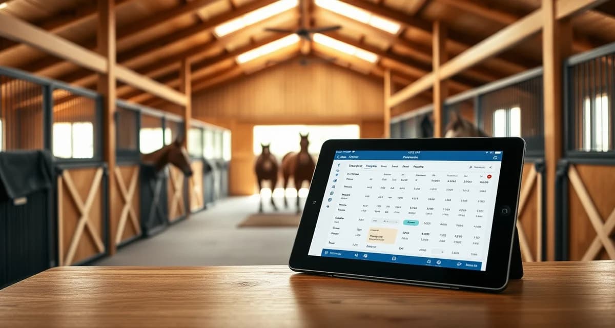 Barn management software dashboard displayed on tablet in modern Virginia horse facility with organized stalls and natural lighting.