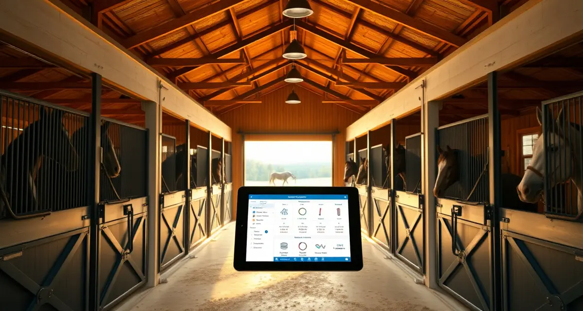 Modern barn manager using equestrian facility management software to organize horse care schedules and boarding operations in Virginia