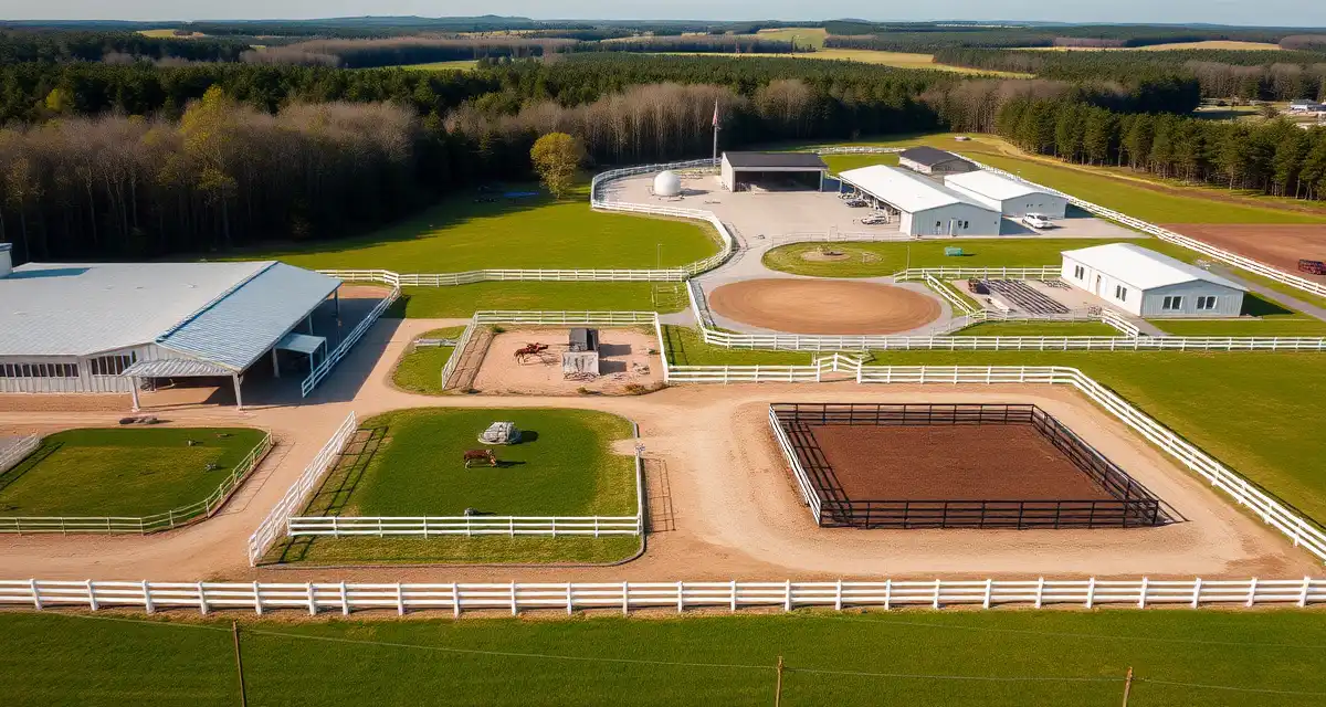 Modern Virginia equine facility with organized barns, white fencing, and pastures designed for professional horse barn management operations.