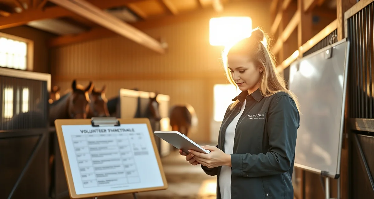 Volunteer coordinator tracking hours using digital management system in an organized horse barn facility
