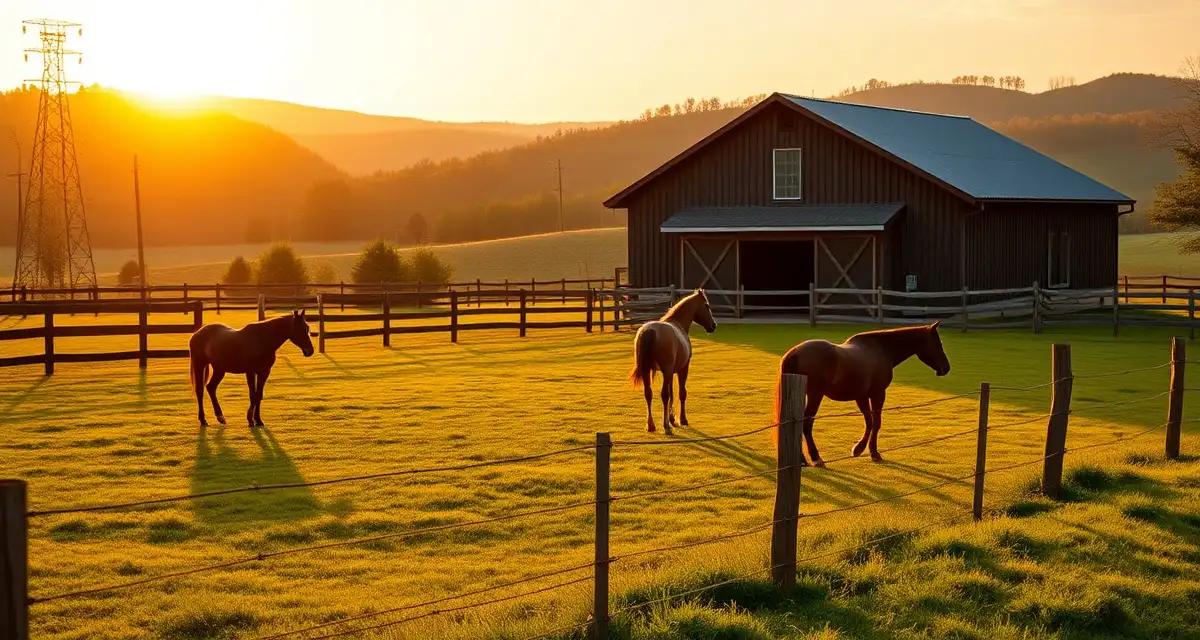 Professional horse boarding facility in West Virginia with horses grazing near a well-maintained barn and fencing in rural landscape.