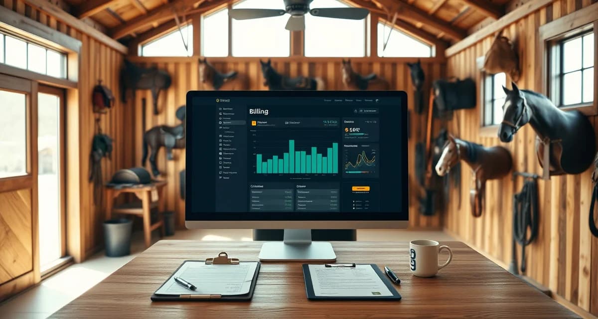 Western barn billing software interface displayed on computer in professional stable office environment with organized equipment