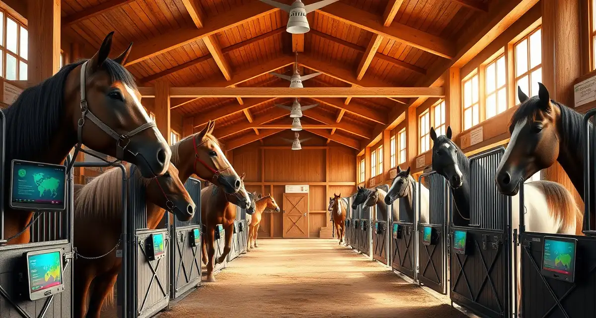 Western barn health monitoring system displaying real-time horse wellness data in a modern ranch facility