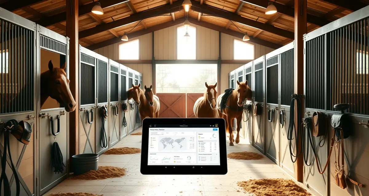 Modern horse barn facility interior showing organized stalls and barn manager using digital management software on tablet