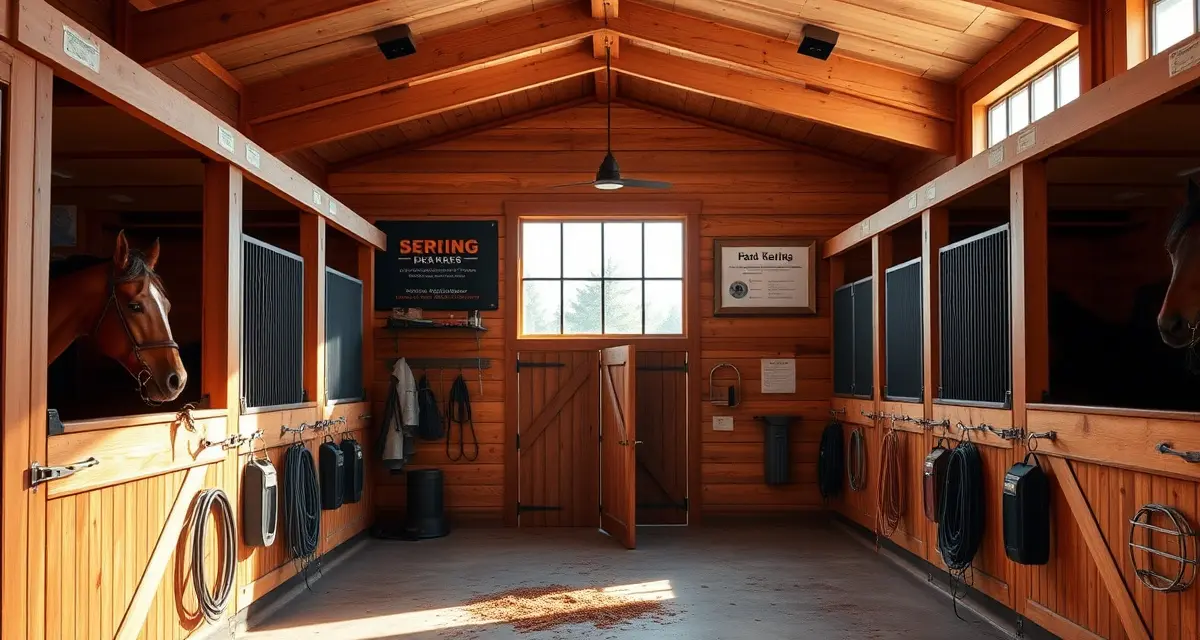 Modern Western barn facility showing organized stalls, tack storage, and professional management systems for horse operations