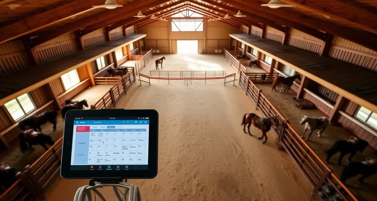 Modern horse barn facility with organized arenas and digital scheduling system for western barn management