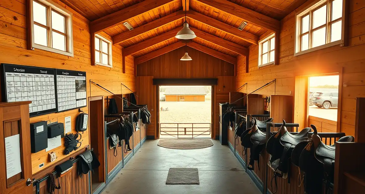 Modern western horse barn interior showing organized scheduling systems and training facilities for barn managers
