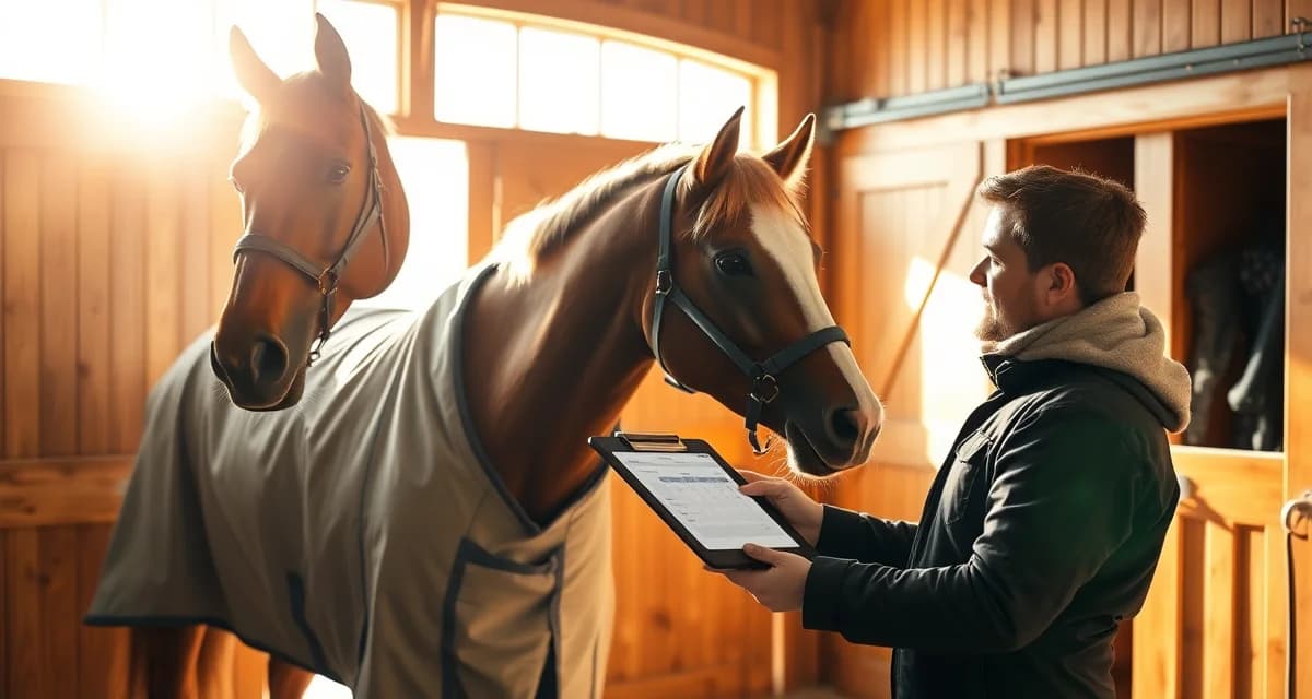 Boarding barn staff checking winter blanketing schedule on horse in stable with proper blanket fit and temperature monitoring.