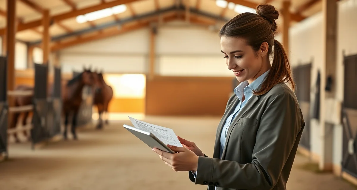 Equine facility manager documenting working student agreements for barn management and legal compliance